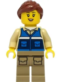 LEGO Wildlife Rescue Worker - Female, Blue Vest with 'RESCUE' Pattern on Back, Dark Tan Legs with Pockets, Reddish Brown Hair minifigure