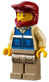 LEGO Wildlife Rescue Explorer - Male, Blue Vest with 'RESCUE' Pattern on Back, Dark Red Helmet, Dark Tan Legs with Pockets, Beard minifigure