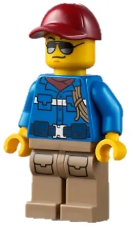 LEGO Wildlife Rescue Ranger - Male, Blue Shirt with 'RESCUE' Pattern on Back, Dark Red Cap, Dark Tan Legs with Pockets minifigure