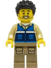 LEGO Wildlife Rescue Worker - Male, Blue Vest with 'RESCUE' Pattern on Back, Dark Tan Legs with Pockets, Black Hair minifigure