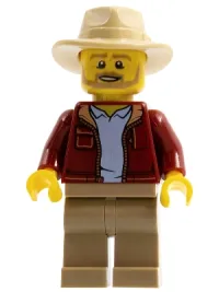 LEGO Man, Dark Red Jacket with Bright Light Blue Shirt, Dark Tan Legs, Tan Fedora Hat, Beard (Larry Jones, Adventurer) minifigure