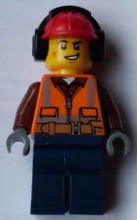 LEGO Construction Worker - Male, Orange Safety Vest, Reflective Stripes, Reddish Brown Shirt, Dark Blue Legs, Red Construction Helmet with Black Headphones, Lopsided Smile minifigure