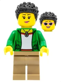 LEGO Female with Green Jacket, Dark Tan Legs, Short Black Coiled Hair minifigure