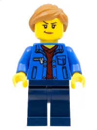 LEGO Female, Blue Jacket over Dark Red V-Neck Sweater, Dark Blue Legs, Medium Nougat Ponytail minifigure