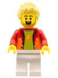 LEGO Stuntz Announcer, Spiky Bright Light Yellow Hair, White Legs, Red Jacket over Lime Shirt minifigure
