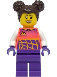 LEGO Stuntz Driver, Dark Brown Hair, Coral Race Suit, Dark Purple Legs minifigure