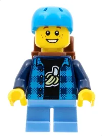 LEGO Skateboarder - Boy, Banana Shirt, Dark Azure Helmet, Backpack, Medium Blue Short Legs minifigure