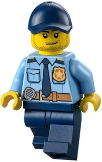 LEGO Police - City Shirt with Dark Blue Tie and Gold Badge, Dark Tan Belt with Radio, Dark Blue Legs, Dark Blue Cap with Hole, Stubble Beard minifigure