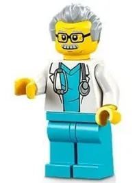 LEGO Doctor - Male, White Lab Coat with Stethoscope, Medium Azure Scrubs, Light Bluish Gray Hair, Glasses minifigure