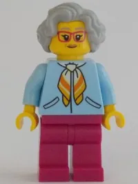LEGO Woman, Bright Light Blue Jacket, Magenta Legs, Light Bluish Gray Hair, Magenta Glasses minifigure
