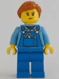 LEGO Janitor - Female, Medium Blue Shirt and Blue Overalls, Blue Legs, Dark Orange Hair minifigure