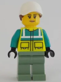 LEGO Ambulance Driver - Female, Dark Turquoise and Neon Yellow Safety Vest, Sand Green Legs minifigure