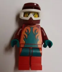 LEGO Stuntz Driver, Wheelie Stunt, Dark Red Dirtbike Helmet, Red Legs, Dark Turquoise and Orange Flames minifigure