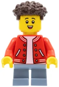 LEGO Boy, Red Jacket with Striped Trim, Sand Blue Short Legs, Dark Brown Hair minifigure