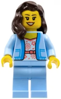 LEGO Female, White Shirt with Coral Flowers, Bright Light Blue Jacket and Legs, Dark Brown Hair minifigure