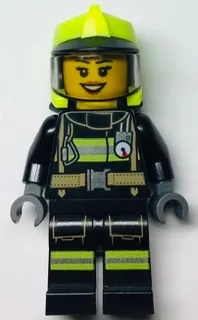 LEGO Fire - Female, Black Jacket and Legs with Reflective Stripes, Neon Yellow Fire Helmet, Trans-Black Visor minifigure