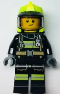 LEGO Fire -  Fireman Clemmons, Reflective Stripes with Utility Belt, Black Legs, Neon Yellow Fire Helmet, Trans-Black Visor, Sideburns minifigure
