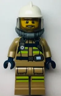 LEGO Fire - Reflective Stripes, Dark Tan Suit, White Fire Helmet, Open Mouth with Beard, Breathing Neck Gear with Blue Air Tanks minifigure