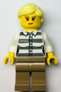 LEGO Police - Jail Prisoner 50382 Prison Stripes, Female, Dark Tan Legs, Smirk with Peach Lips, and Bright Light Yellow Ponytail minifigure