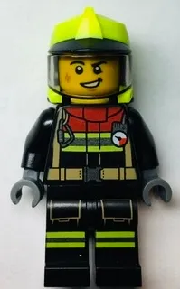 LEGO Fire - Male, Black Jacket and Legs with Reflective Stripes and Red Collar, Neon Yellow Fire Helmet, Trans-Black Visor minifigure