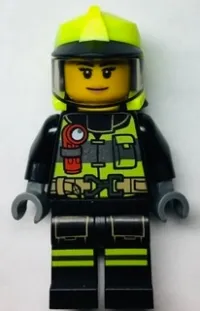LEGO Fire - Reflective Stripes with Utility Belt and Flashlight, Neon Yellow Fire Helmet, Trans-Black Visor, Peach Lips minifigure
