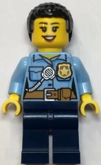 LEGO Police - City Officer Female, Bright Light Blue Shirt with Badge and Radio, Dark Blue Legs, Short Black Curly Hair minifigure