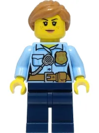 LEGO Police - City Officer Female, Bright Light Blue Shirt with Badge and Radio, Dark Blue Legs, Medium Nougat Hair minifigure