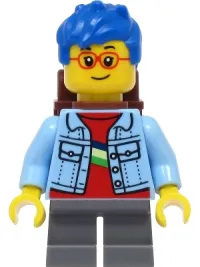 LEGO Boy - Bright Light Blue Denim Jacket, Dark Bluish Gray Short Legs, Blue Hair, Reddish Brown Backpack minifigure