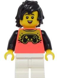 LEGO Boy - Coral Shirt with Video Game Controller, White Medium Legs, Black Hair minifigure