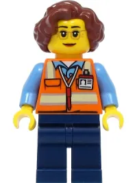 LEGO School Bus Driver - Female, Orange Safety Vest with Reflective Stripes, Dark Blue Legs, Reddish Brown Hair minifigure