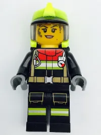 LEGO Fire - Female, Black Jacket and Legs with Reflective Stripes and Red Collar, Neon Yellow Fire Helmet, Trans-Black Visor, Dark Bluish Gray Splotches minifigure