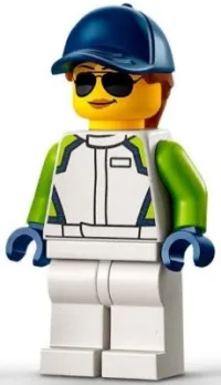 LEGO Race Car Mechanic - Female, White Race Jacket and Legs, Dark Blue Cap with Dark Orange Hair minifigure