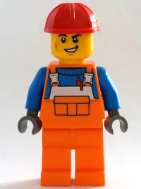 LEGO Construction Worker - Male, Orange Overalls with Reflective Stripe and Buckles over Blue Shirt, Orange Legs, Red Construction Helmet minifigure