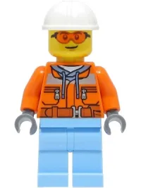 LEGO Construction Worker - Male, Orange Safety Jacket, Reflective Stripe, Sand Blue Hoodie, Bright Light Blue Legs, White Construction Helmet, Orange Safet minifigure