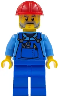 LEGO Mechanic Male with Red Construction Helmet, Beard, Medium Blue Shirt, and Blue Overalls, with Back Print minifigure