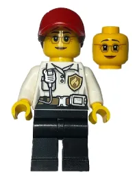 LEGO Fire - Female White Shirt with Fire Logo Badge and Belt, Black Legs, Red Cap with Ponytail minifigure