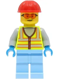LEGO Space Engineer - Male, Neon Yellow Safety Vest, Bright Light Blue Legs, Red Construction Helmet, Orange Safety Glasses minifigure