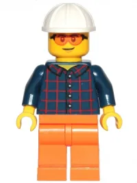 LEGO Construction Worker - Male, Dark Blue Plaid Button Shirt, Orange Legs, White Construction Helmet, Orange Safety Glasses minifigure