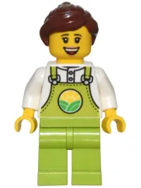 LEGO Farmer - Female, Lime Overalls over White Shirt, Lime Legs, Reddish Brown Hair, Freckles minifigure