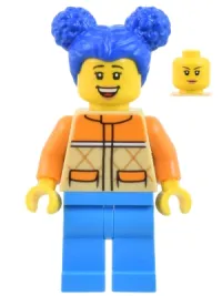 LEGO Woman - Tan and Orange Quilted Vest, Dark Azure Legs, Blue Pigtails, Freckles minifigure