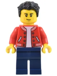 LEGO Man - Red Jacket, Dark Blue Legs, Black Hair, Smirk and Cheek Lines minifigure