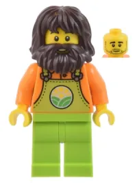 LEGO Farmer - Male, Lime Overalls over Orange Shirt, Lime Legs, Dark Brown Shaggy Hair and Beard minifigure