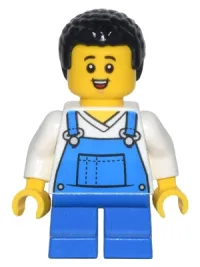 LEGO Farmer - Boy, Blue Overalls over V-Neck Shirt, Blue Short Legs, Black Coiled Hair, Freckles and Small Open Smile minifigure