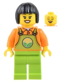 LEGO Farmer - Female, Lime Overalls over Orange Shirt, Lime Legs, Black Short Hair minifigure