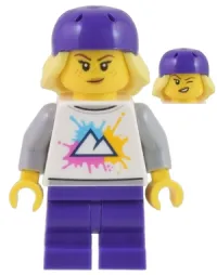 LEGO Electric Scooter Rider - White Shirt with Mountains, Dark Purple Medium Legs, Freckles, Dark Purple Helmet, Bright Light Yellow Hair minifigure