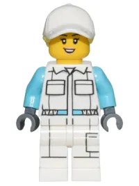 LEGO Electric Scooter Attendant - White Jumpsuit with Pockets, White Legs with Pocket, Peach Lips, White Cap minifigure