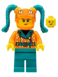 LEGO Stuntz Driver, Orange Helmet with Tassels, Snake Visor, Orange Coat with Scales, Dark Turquoise Legs minifigure