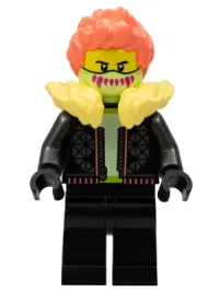 LEGO Stuntz Driver, Coral Hair, Yellowish Green Mask, Bright Light Yellow Fur Lined Black Jacket, Black Legs minifigure