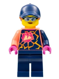 LEGO Stuntz Crew, Female, Dark Blue Cap, Coral Shirt with Sports Logo, Dark Blue Legs minifigure