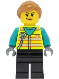 LEGO Train Driver - Female, Neon Yellow Safety Vest, Black Legs, Medium Nougat Hair minifigure